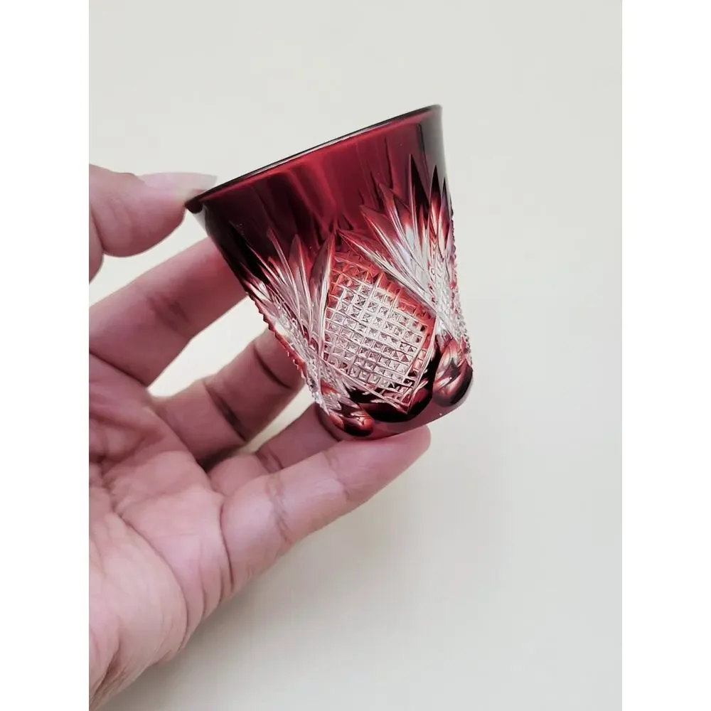 Vintage Bohemian Crystal Shot Glass Small Red Ruby Clear